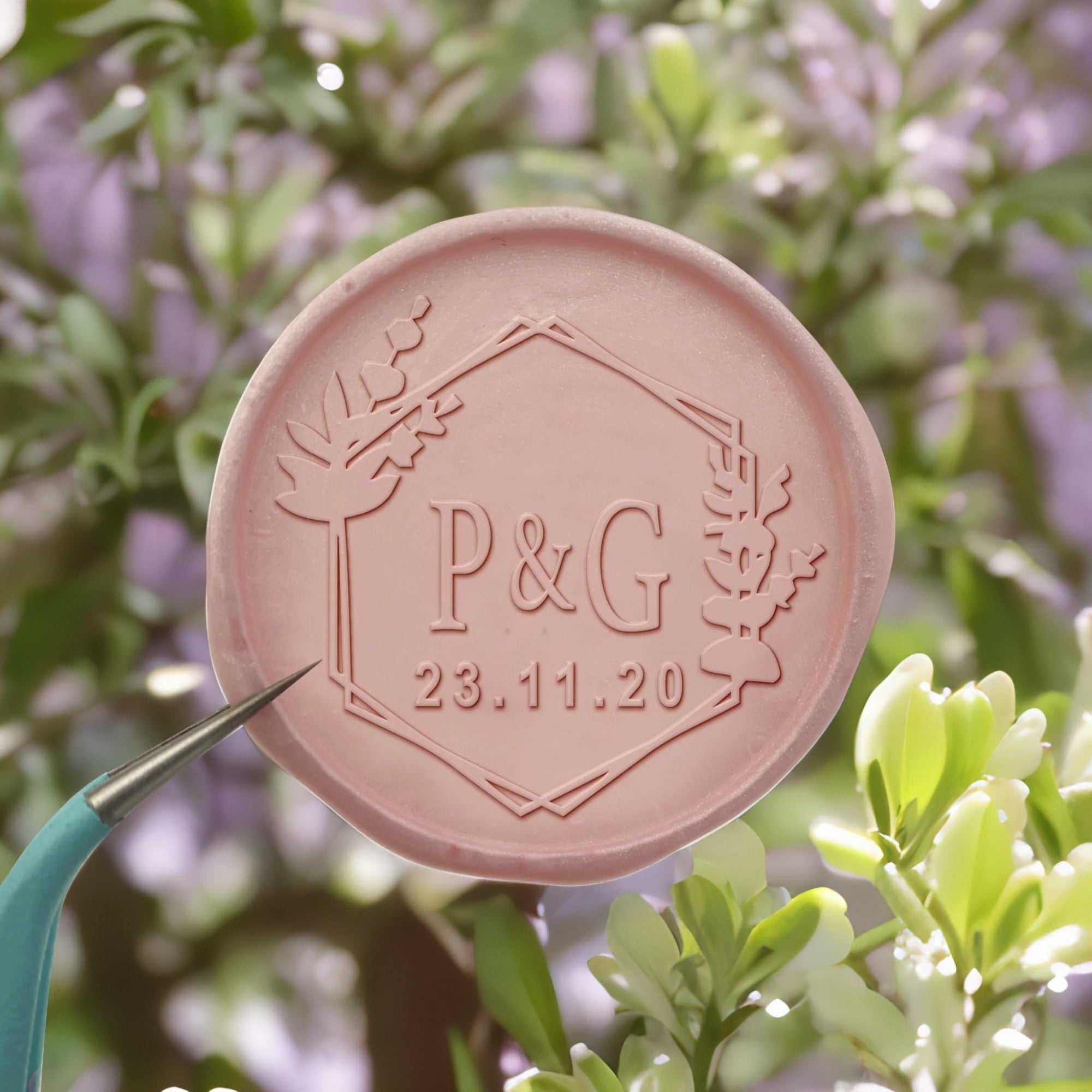 Botanical Hexagon Double Initials Wedding Custom Self-Adhesive Wax Seal Stickers