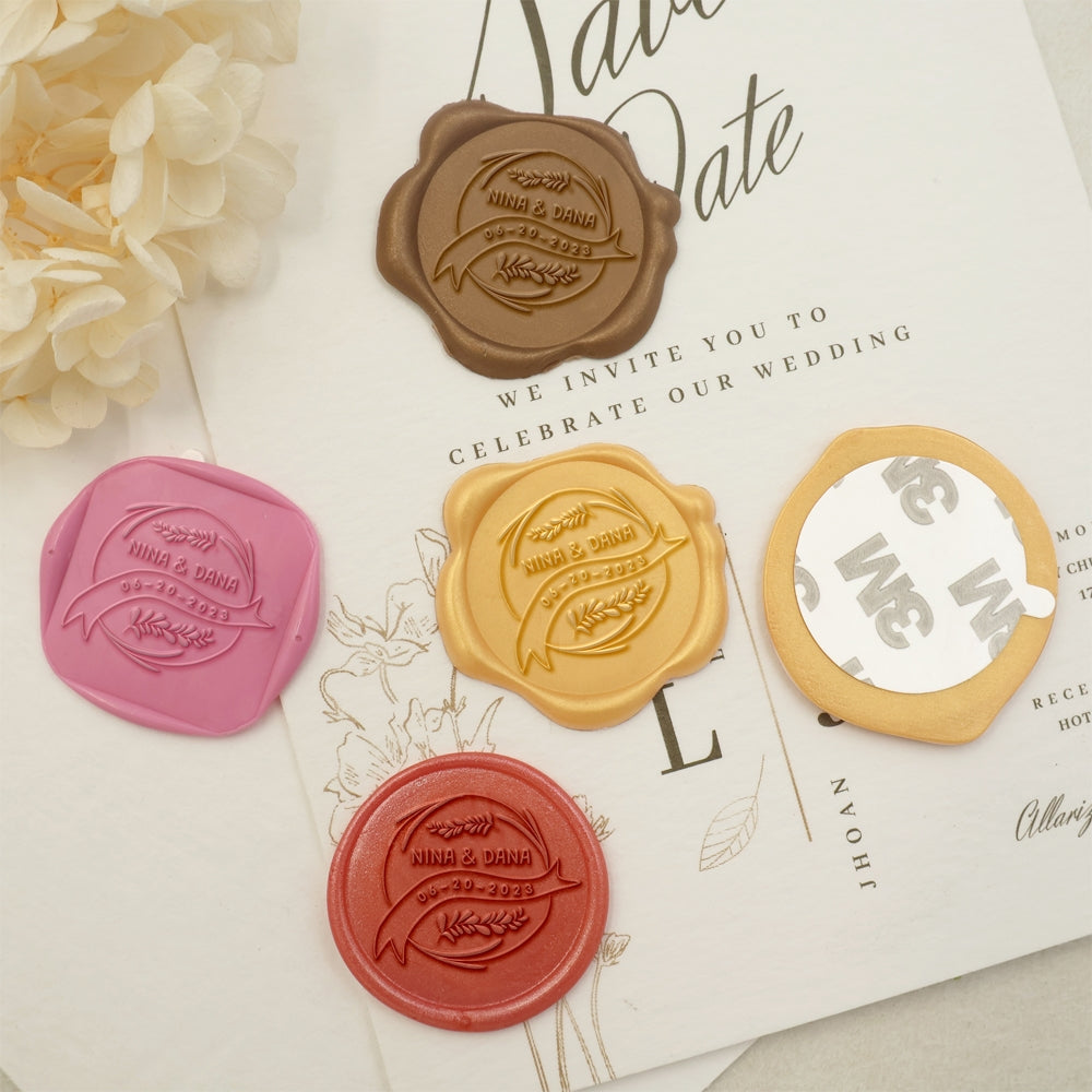 Ears of Wheat & Ribbon Name Wedding Custom Self-Adhesive Wax Seal Stickers-1