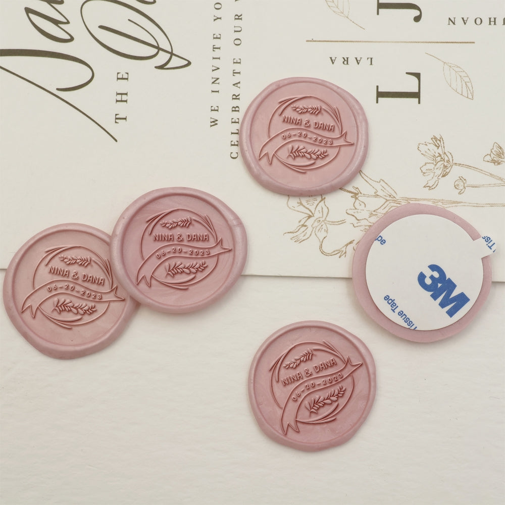 Ears of Wheat & Ribbon Name Wedding Custom Self-Adhesive Wax Seal Stickers-3