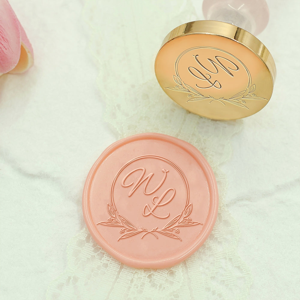 Simple Plant Circle Wedding Custom Wax Seal Stamp with Double Initials (36 Designs)-2