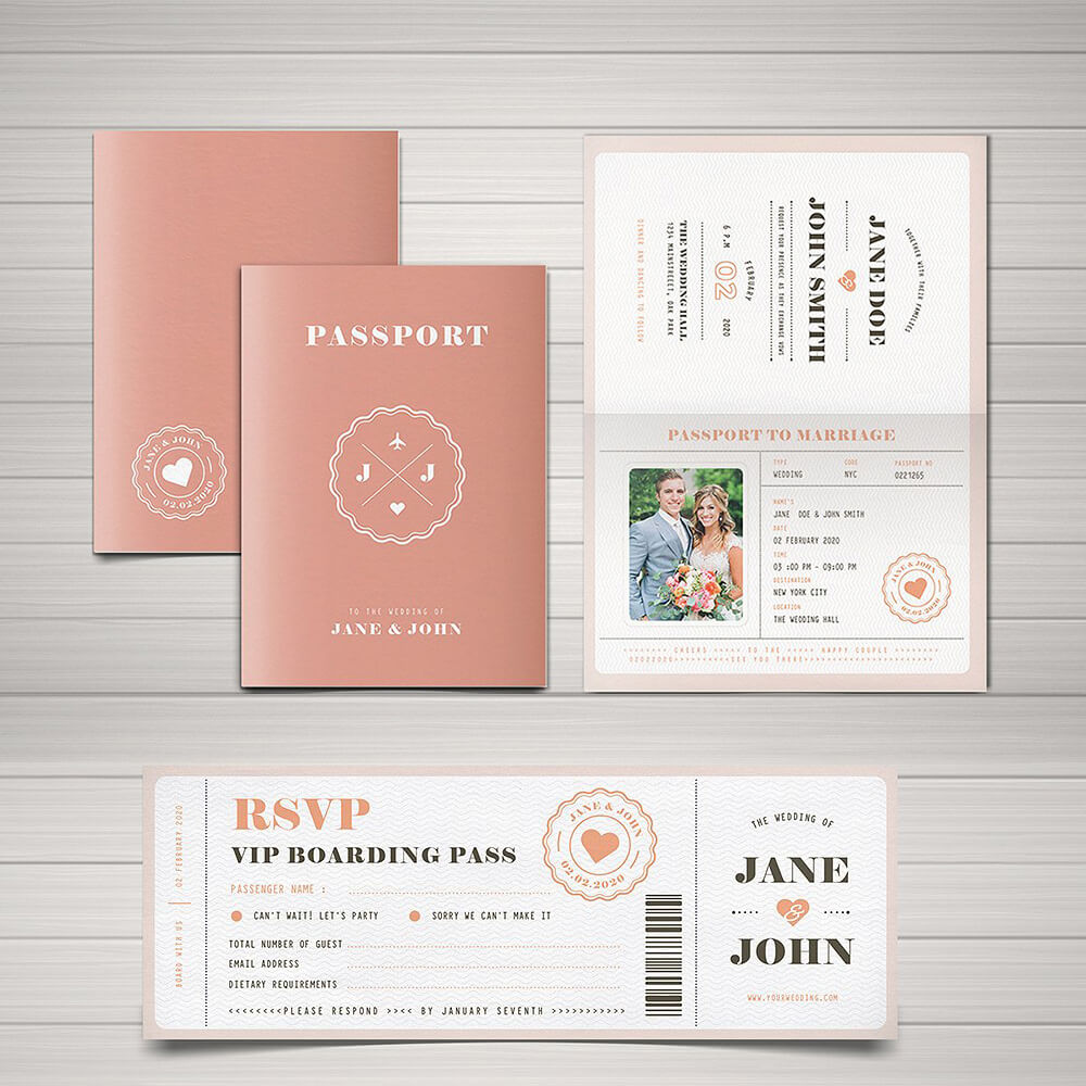 Warm Pink Printable Wedding Passport Invitation Design Suite Featuring Couple's Photos 1