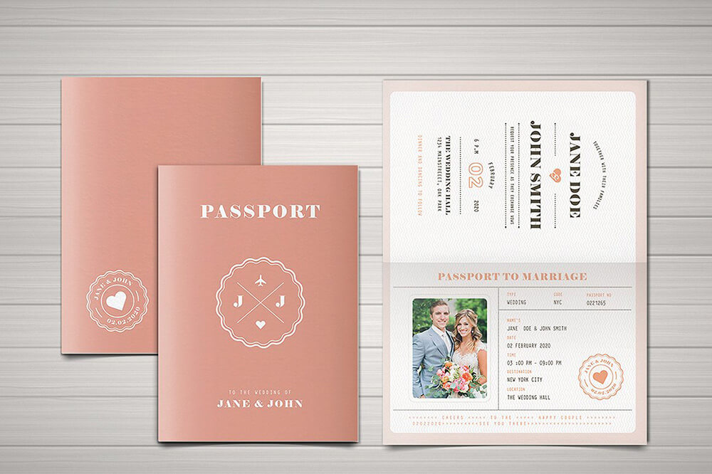 Warm Pink Printable Passport Invitation Design Suite Featuring Couple's Photos 2