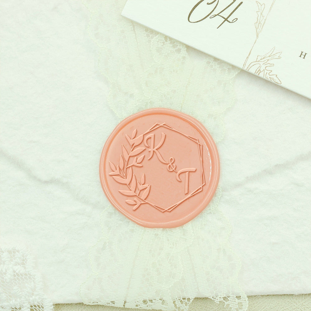 Hexagonal Laurel Wedding Custom Wax Seal Stamp with Double Initials-2