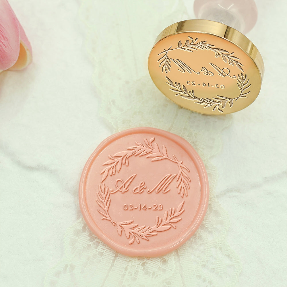 Branch Wreath Wedding Custom Wax Seal Stamp with Double Initials-1