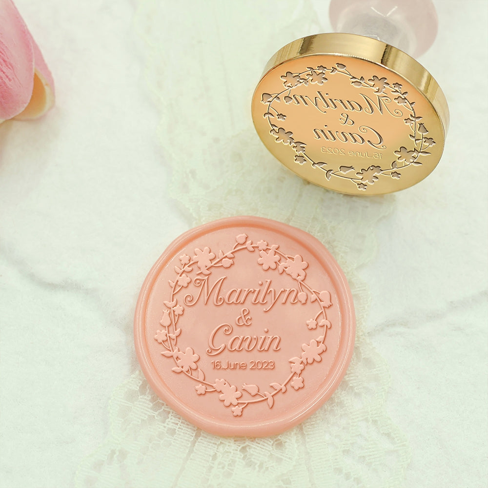 Floret Wreath Wedding Custom Wax Seal Stamp with Couple's Names-1